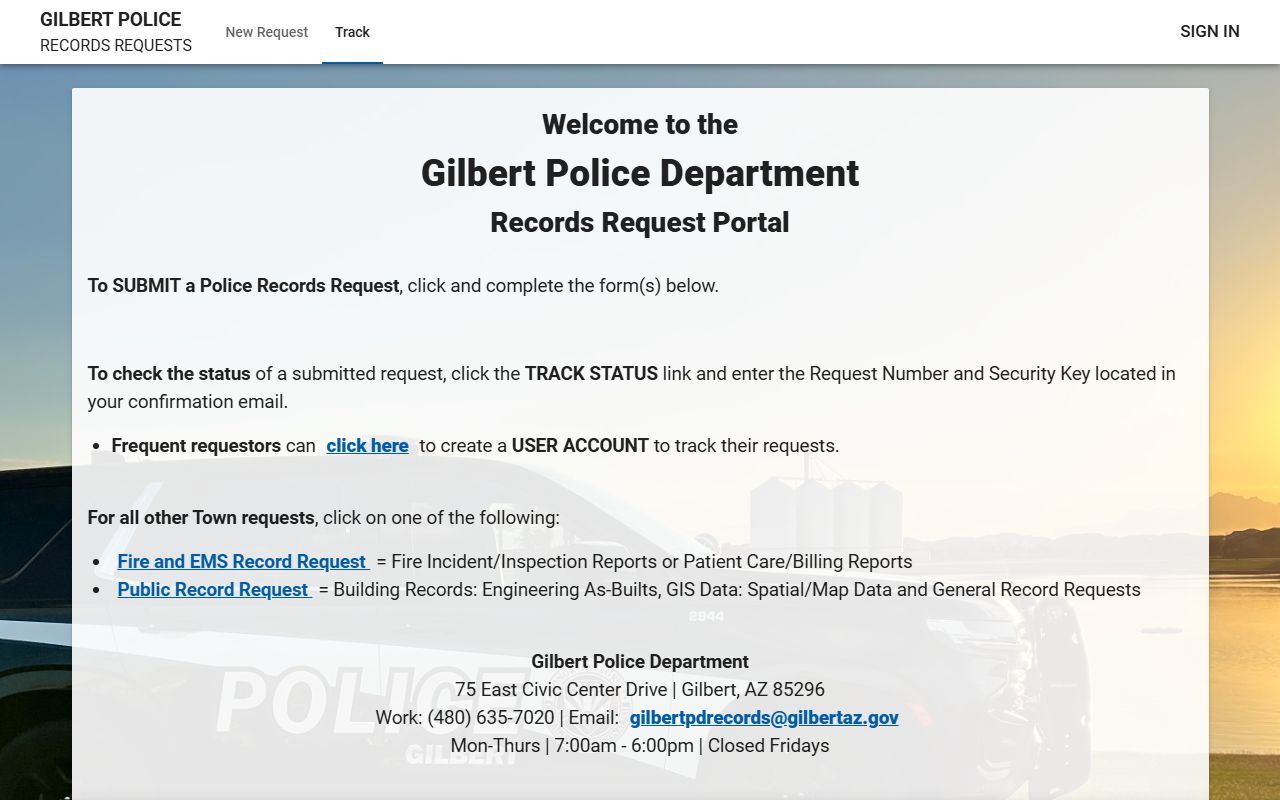 Gilbert Police JustFOIA records request portal
