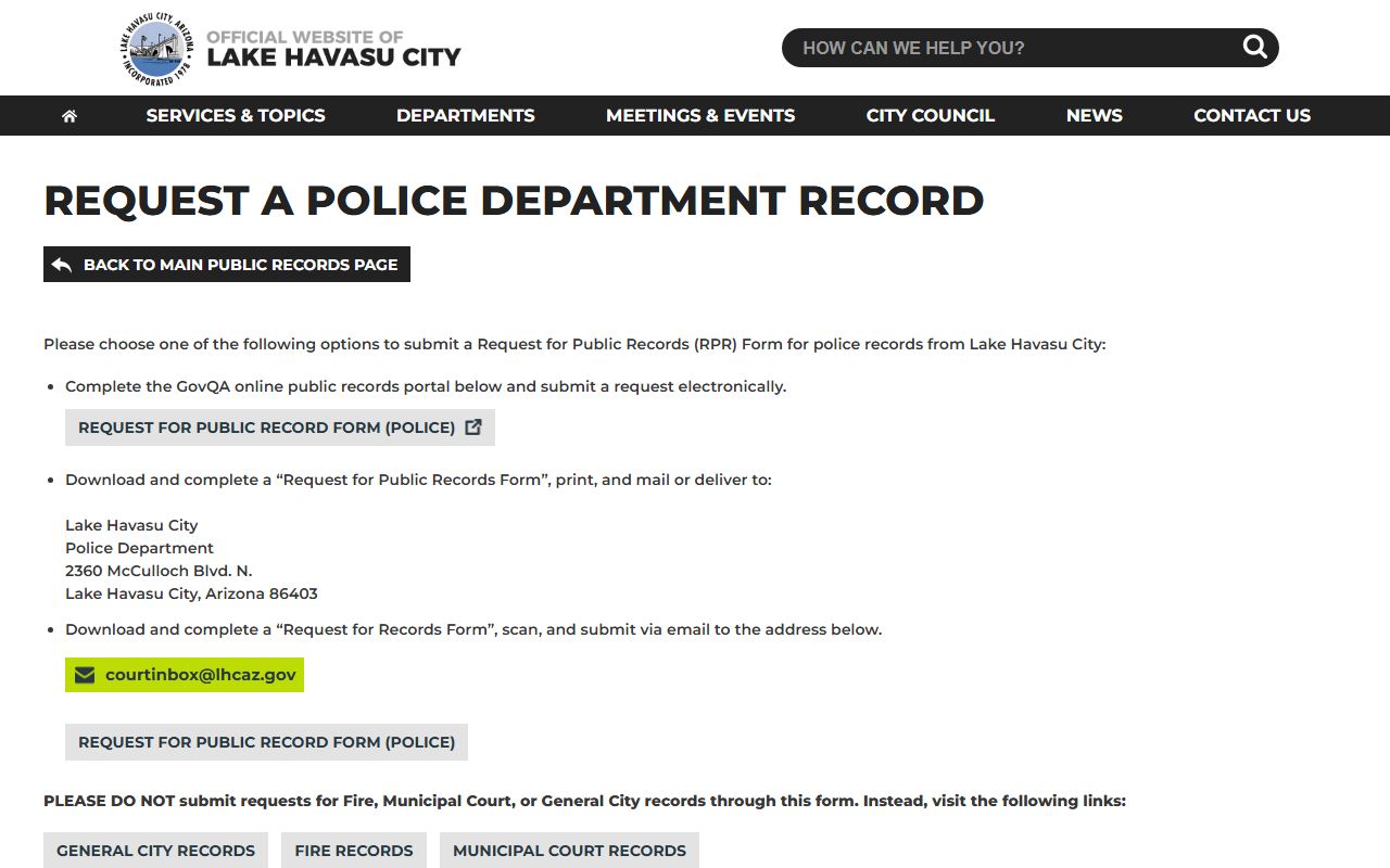 Lake Havasu City Police records request page