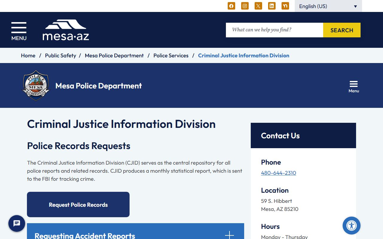 Mesa Police Criminal Justice Information Division records page