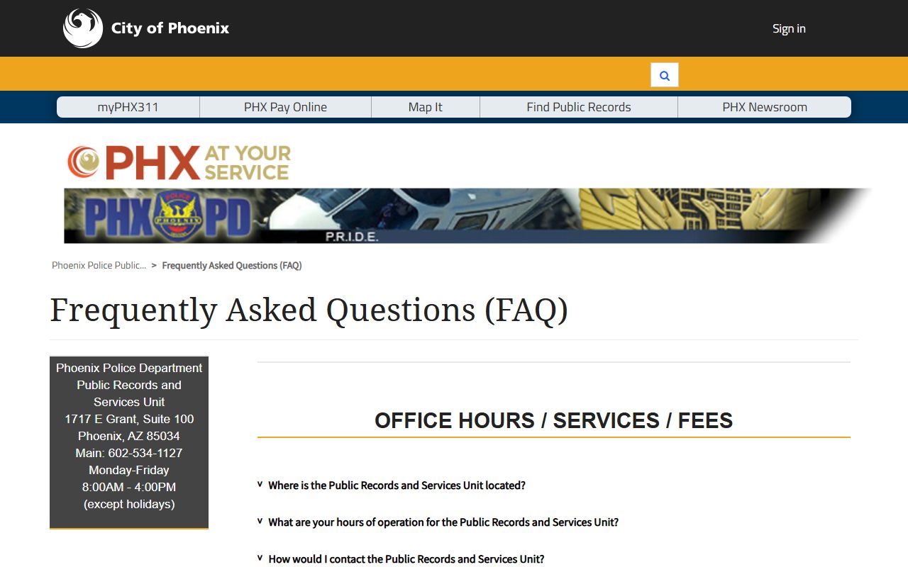 Phoenix Police records request FAQ page