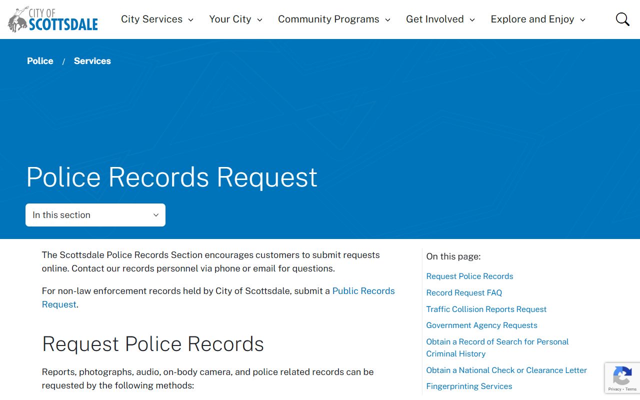 Scottsdale Police records request information page