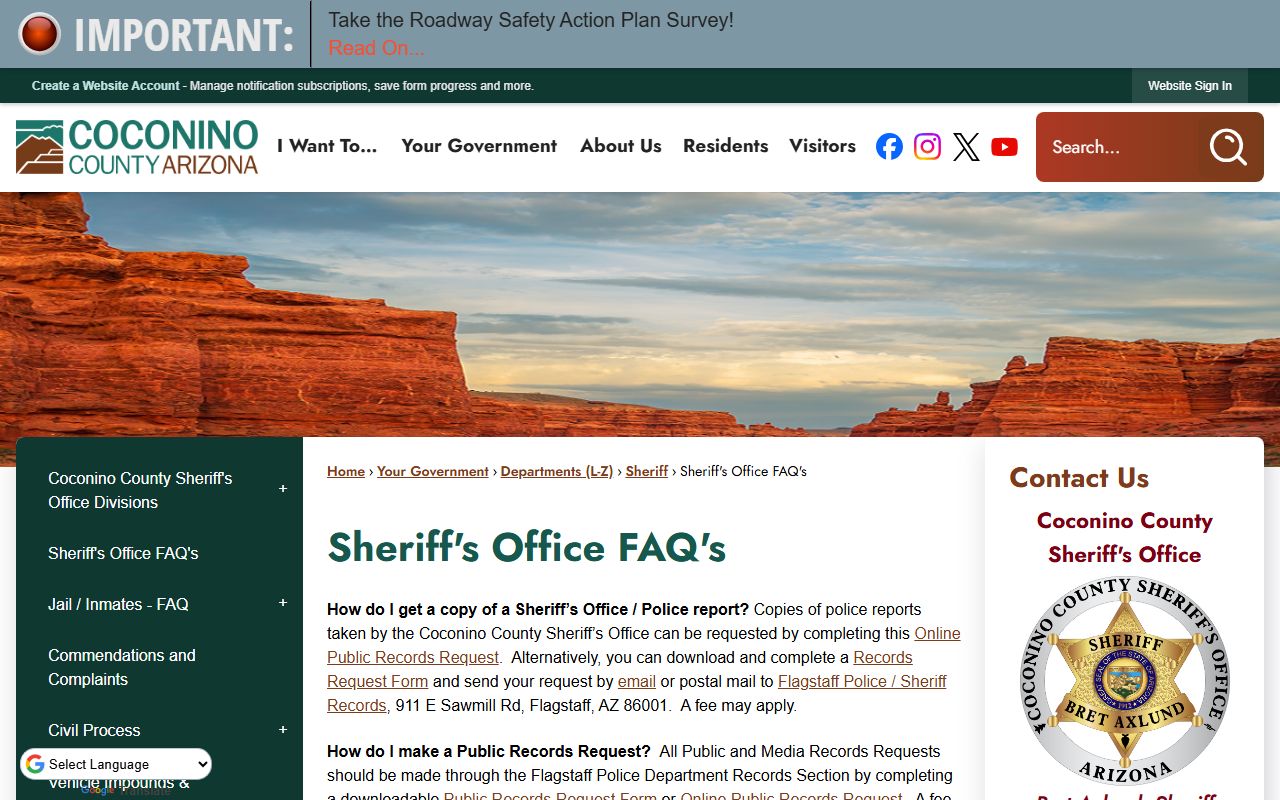 Coconino County Sheriff FAQs about inmate information