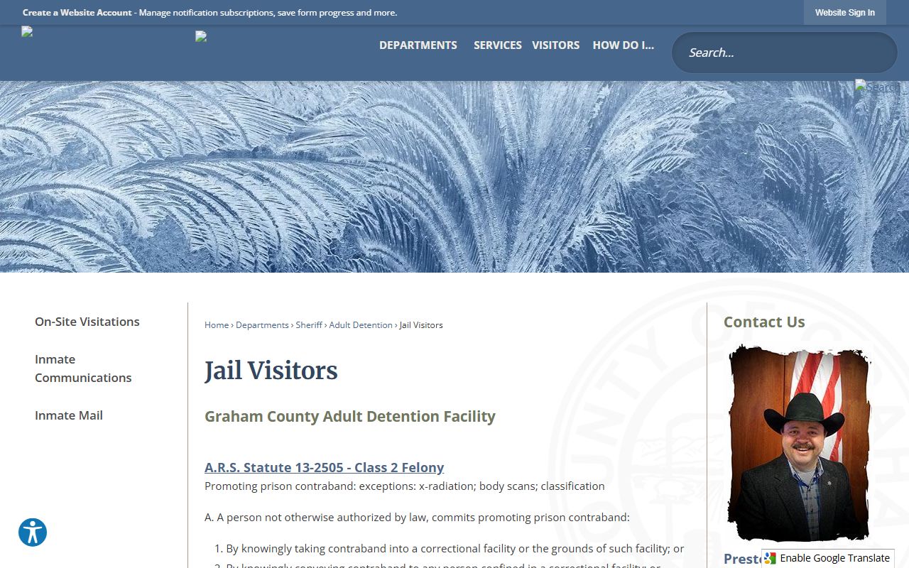 Graham County jail visitors information page