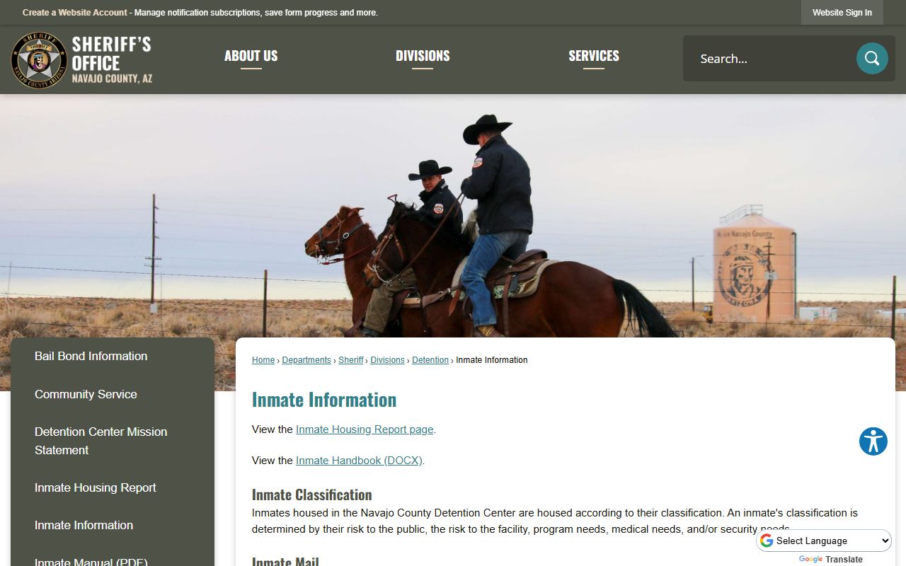 Navajo County inmate information and services page