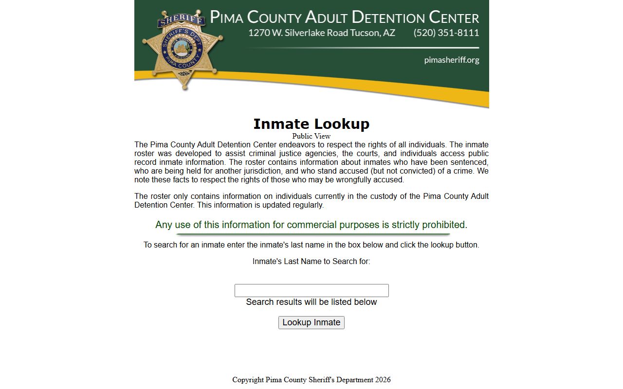 Pima County Sheriff inmate lookup portal for Tucson area jail