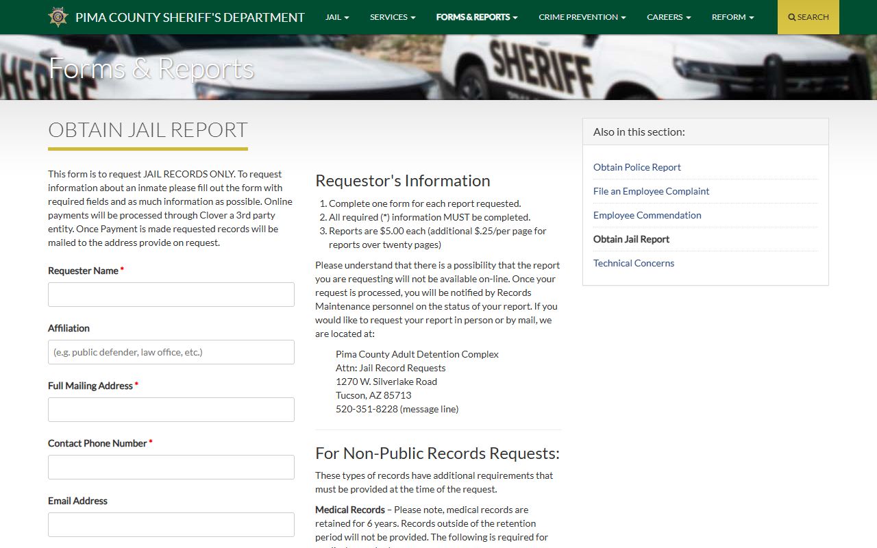 Pima County Sheriff jail records request page