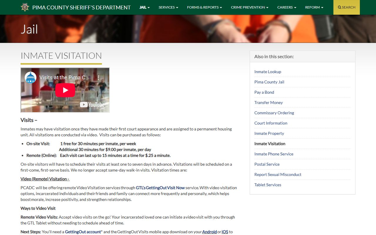 Pima County jail visitation schedules and rules