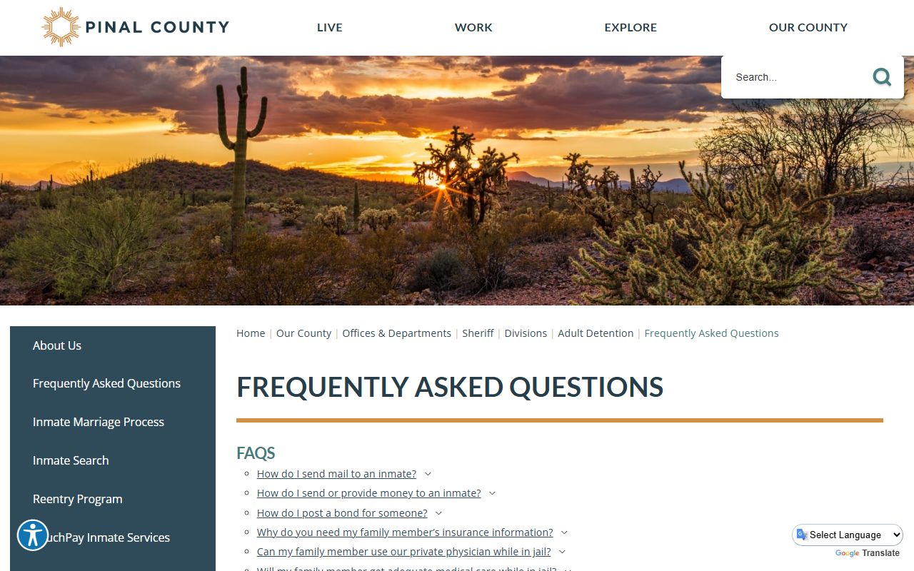 Pinal County jail frequently asked questions page