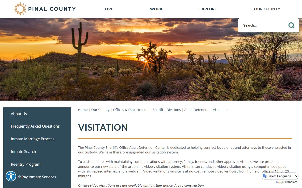 Pinal County jail visitation information and schedules