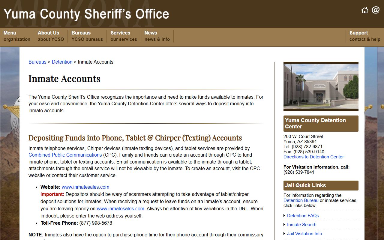 Yuma County jail inmate accounts information