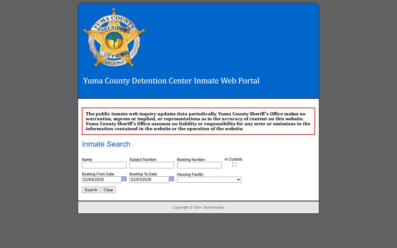 Yuma County Sheriff inmate search portal